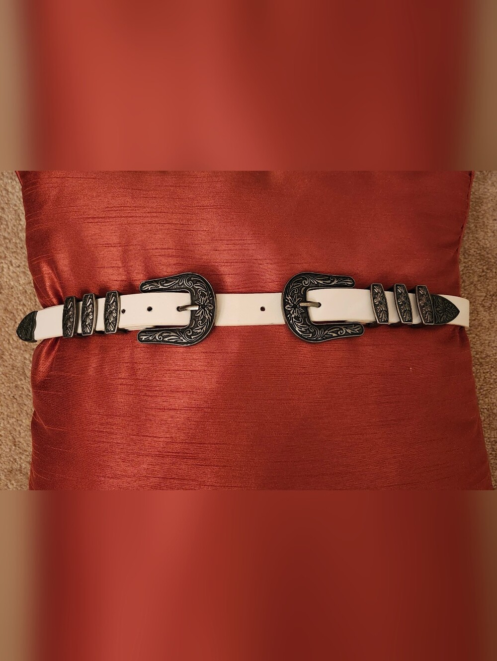 Double Buckle Western-Style White Belt with Engraved Silver Hardware